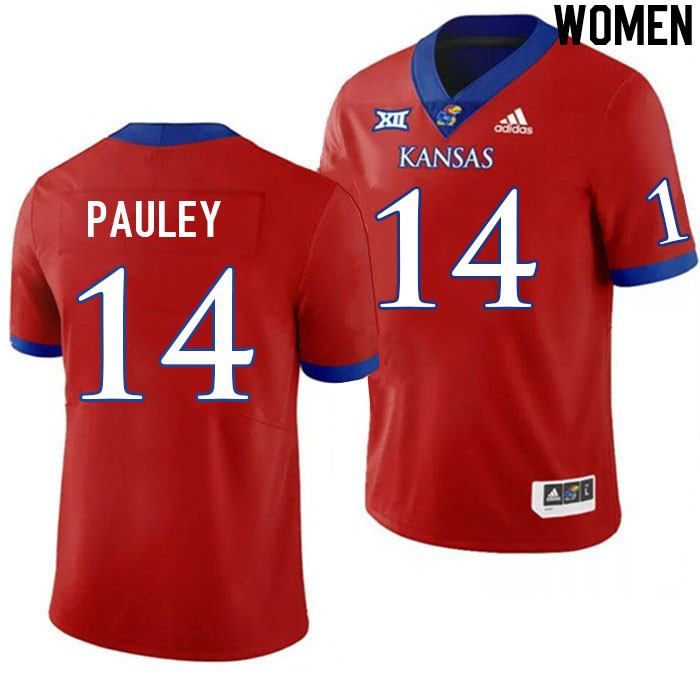 Women #14 Mikey Pauley Kansas Jayhawks College Football Jerseys Stitched Sale-Red